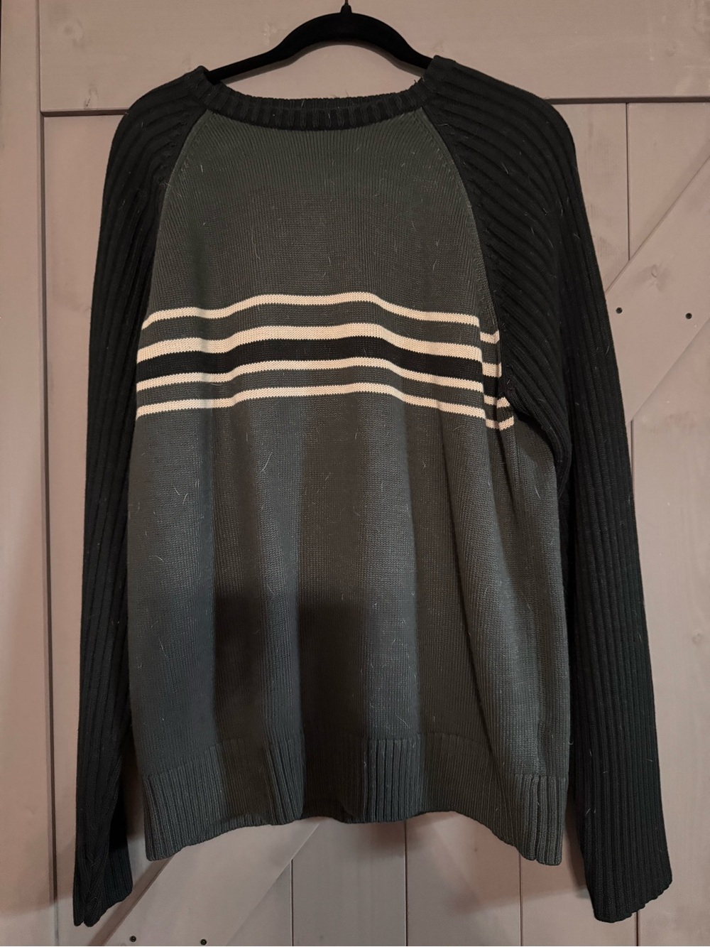 Men’s Olive Green Crewneck Sweater with Black Sleeves and White Stripes
